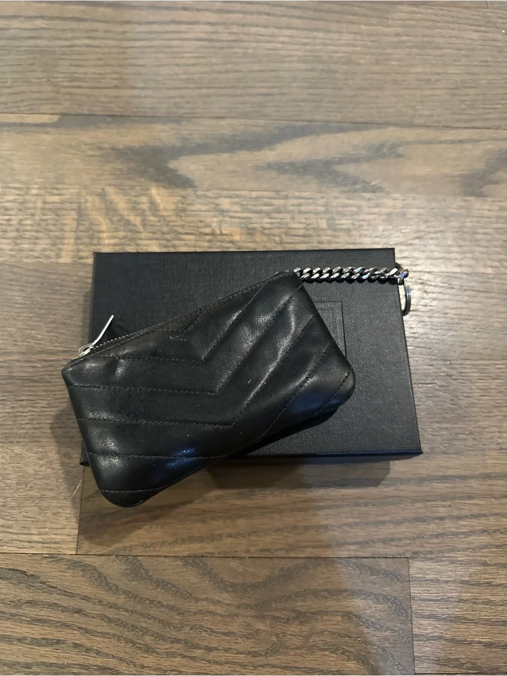 Saint Laurent Black Quilted Leather Key Pouch with Silver YSL Chain